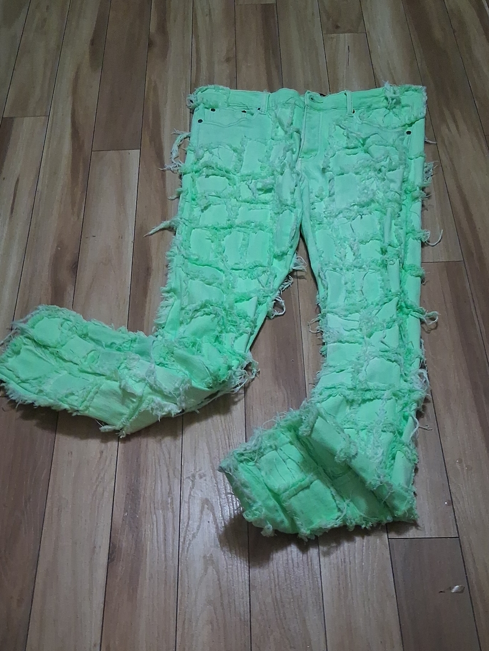 Valabasas Neon Green Distressed Patchwork Women's Jeans MISSING BUTTON